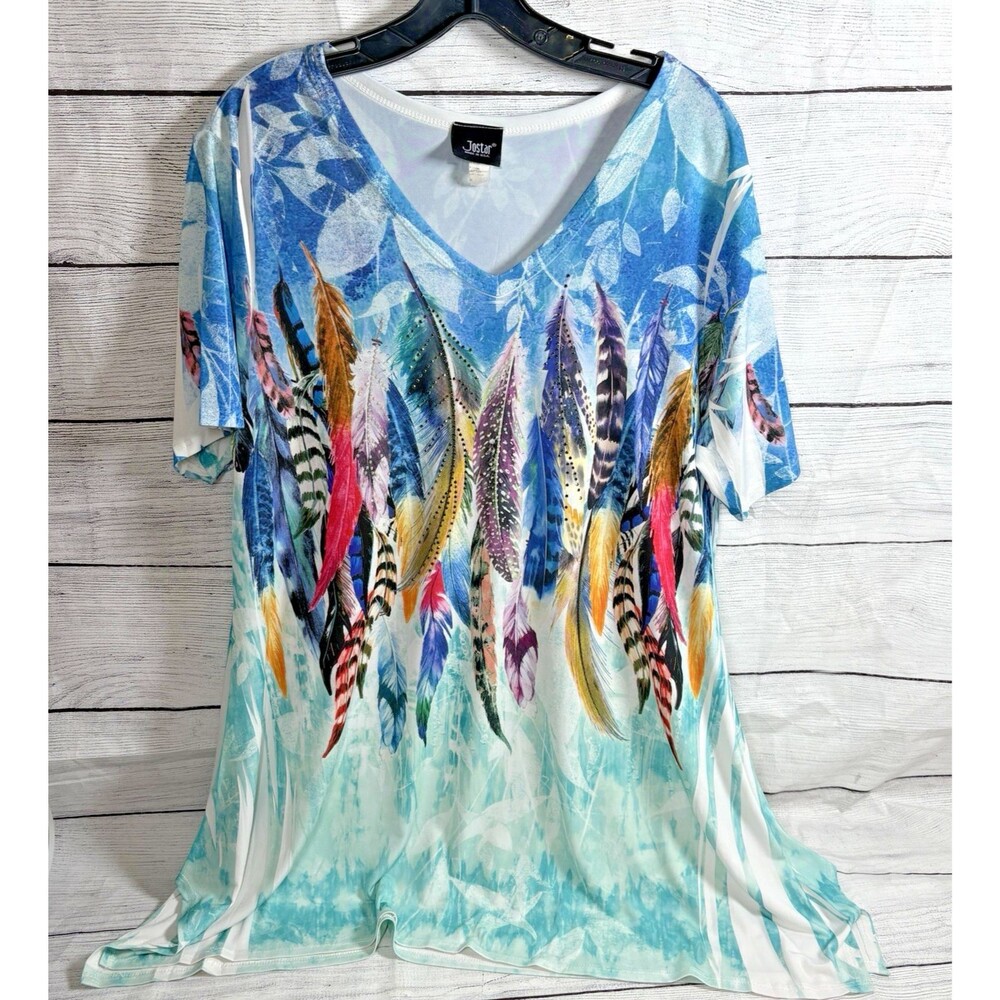 Jostar Blue w Multicolor Feathers & Sequins Top Shirt Sz M V Neck Stretch Slinky